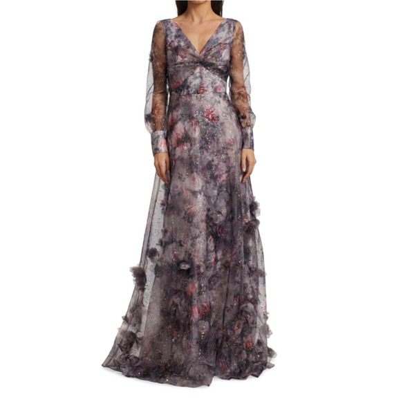 Marchesa Gown 3D Floral Purple Black Printed Organza Foiled Long Sleeve Sz 6 - Picture 3 of 13